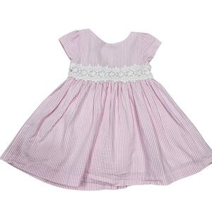 Ralph Lauren‎ Seersucker Dress Pink White Stripe Lace Trim Girls Size 12M